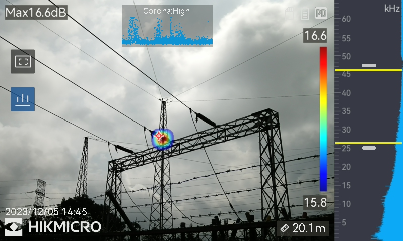 AI76 showing a corona discharge leak in a substation. The AI76 acoustic imaging camera can automatically identify the correct type of discharge and show it on the screen for advanced reporting through the provided HIKMICRO software.